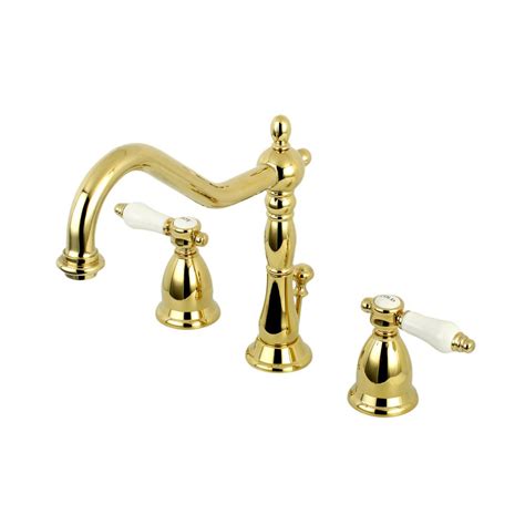 kingston brass victorian porcelain 8 in widespread 2 handle bathroom faucet in polished brass