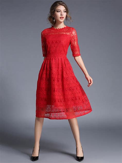 Red A Line Sheer Sleeve Lace Midi Dress Red Lace Dress Women Lace