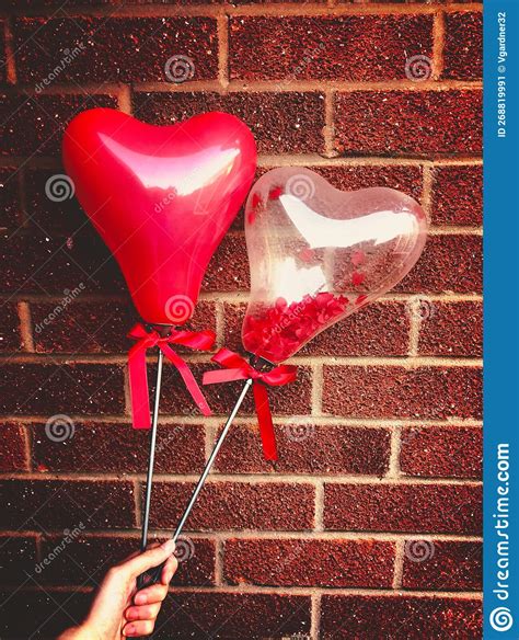 Love Heart Shaped Balloons Against Brick Wall Stock Image Image Of