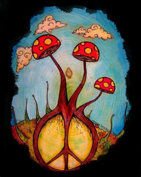 Hippie Cool Mushroom Drawing Vintage Hippie Psychedelic Felt Drawing
