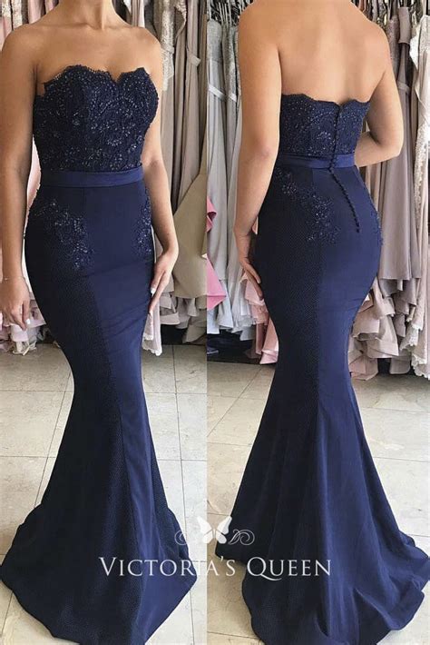 Navy Beaded Lace Appliqued Strapless Mermaid Floor Length Evening Prom