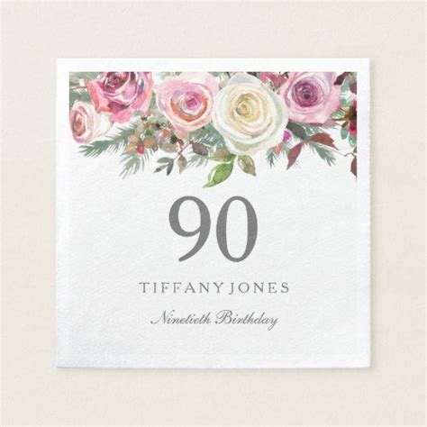 Elegant White Rose Pink Floral 90th Birthday Napkins Zazzle Com