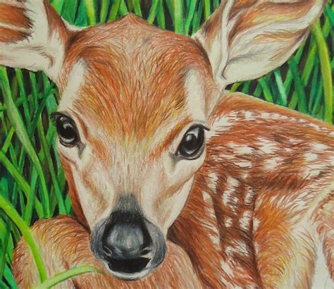 Original Baby Deer Art Green Animal Drawing Colored Pencil Etsy
