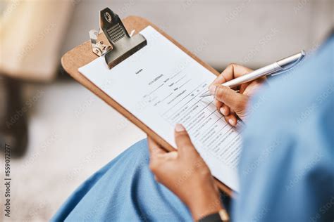 nurse clipboard and writing checklist for patient healthcare consulting and medical