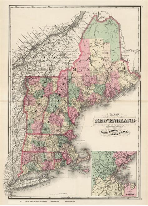New England In 1877 Old Map Topographic Reprint Showing Etsy