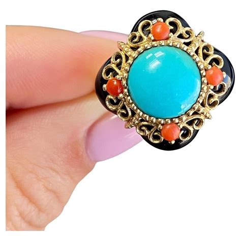 Coral Turquoise Diamond Yellow Gold Ring At 1stDibs