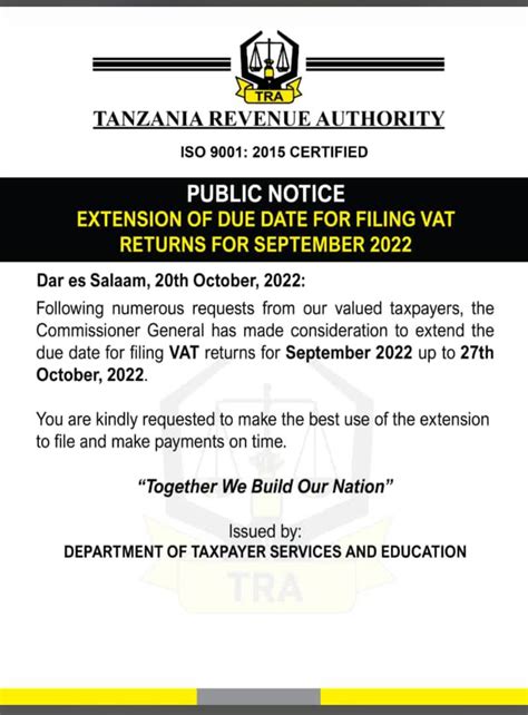 Tanzania Revenue Authority Tra Extends Deadline For September 2022