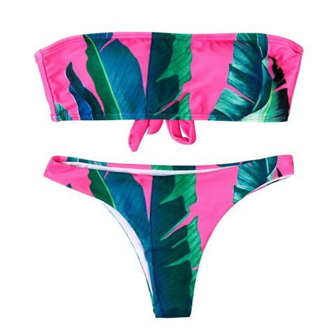 Klv Sexy Women Leaf Print Push Up Padded Bra Beach Bikini Set Swimsuit Swimwear Bikini Brazilian