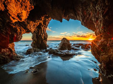 Malibu Beach Sea Cave Brilliant Sunset El Matador State Beach Red