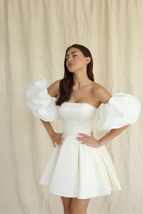 Emily Dress With Detachable Puffy Sleeves Mini Satin Wedding Etsy