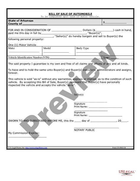 Arkansas Bill Of Sale Of Automobile And Odometer Statement For As