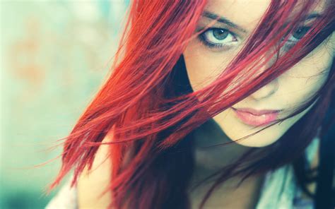 Dyed Hair Redhead Red Hair Lipstick Green Eyes Model Face Hair In Face Looking At