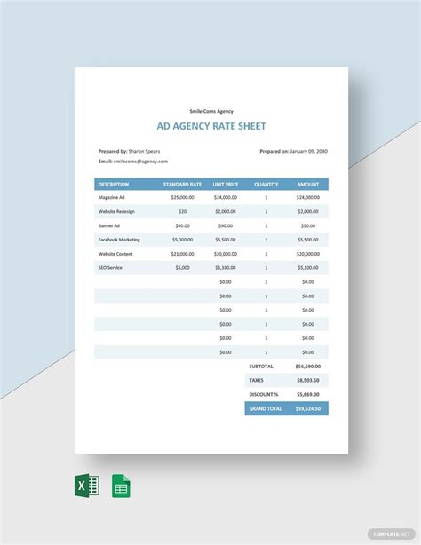 Labor Rate Sheet Template Illustrator Excel Word Apple Numbers