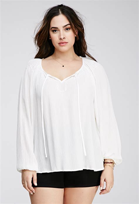 forever 21 plus size southwestern embroidered peasant top in white lyst