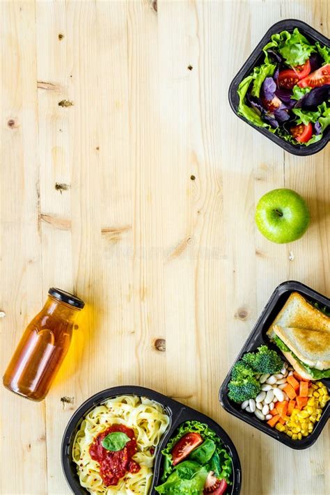 Lunch Boxes With Meal Food Delivery Concept Overhead View Stock Photo