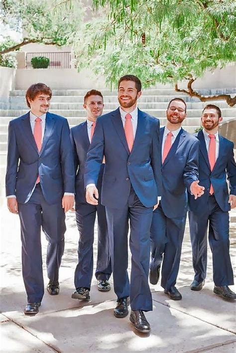 Groom And Groomsmen In Navy Blue Suit Coral Ties Fab Mood Wedding