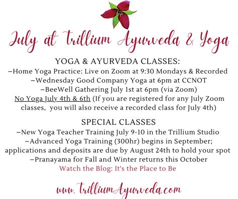 Julys Schedule Trillium Ayurveda