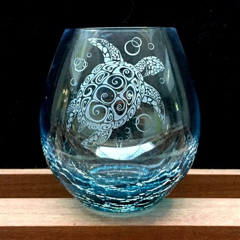Etched Sea Turtle On Teal Crackle Wine Glass Wine Glass