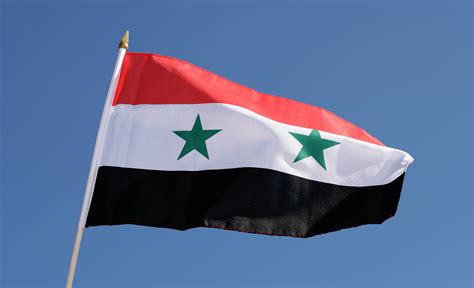 The syrian flag is a horizontal tricolour with two stars. Syria Hand Waving Flag - 12x18" - Royal-Flags