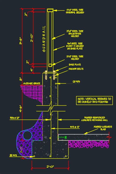 Stair detail of concrete and pan stairs. Retaining wall and handrail details - CAD Files, DWG files ...