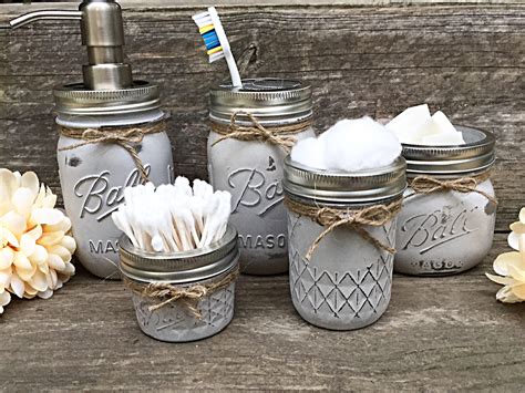 You will loves how this keeps your necessities on the counter in a neat organized manor. White Rustic Mason Jar Bathroom Set - Mason Jar Decor - Repurposed Glass - Girls Bathroom ...