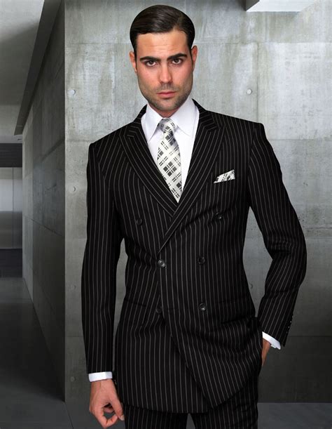 2pc Black Bold Pinstripe Double Breasted Suit Double Breasted Super