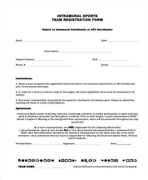 Sports Registration Forms Template Free Download Printable