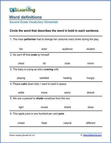 English conjunction worksheets for grade 2 kids to practice usage. 2nd Grade Vocabulary Worksheets - printable and organized by subject | K5 Learning