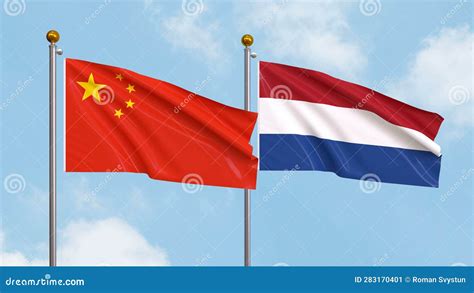 Waving Flags Of China And Netherlands On Sky Background Illustrating