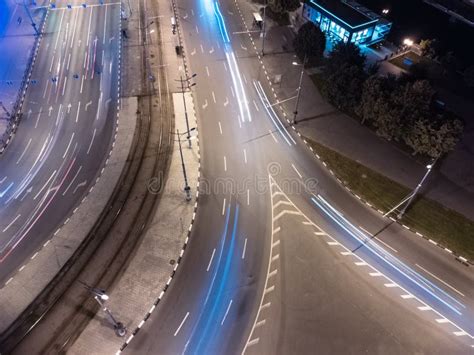 City Streets Aerial Look Down Cars On Night Road Stock Image Image