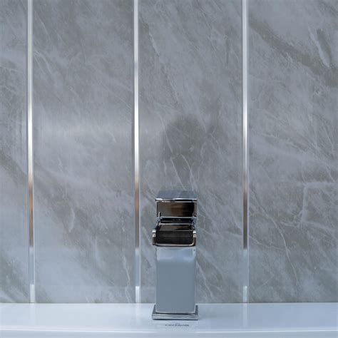 Grey Marble Bathroom Wall Panels Splashbacks With Chrome Silver Strips Cladding Panels