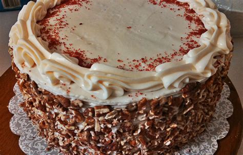 Other versions use butter in place of crisco, or have slightly more flour. Red Velvet cake with cream cheese icing. Chopped pecans ...