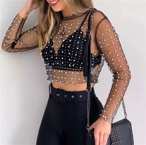 Black Or Nude Beaded Mesh See Through Top Long Sleeve Blouse Etsy