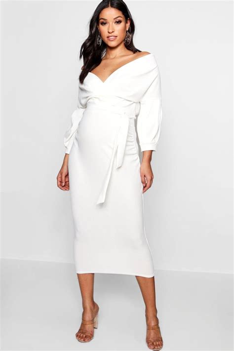 Maternity Off The Shoulder Wrap Midi Dress In 2022 White Maternity