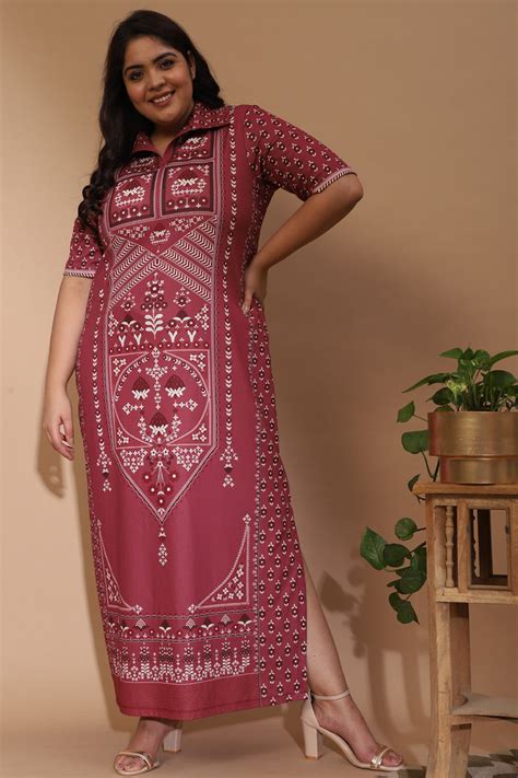 Buy Plus Size Raabta Indian Ethnic Print Dusty Pink Long Dress With