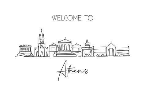Single Continuous Line Drawing Of Athens City Skyline Greece Famous