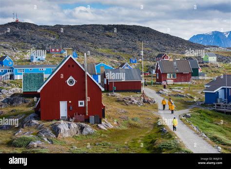 Greenland Itilleq Visitors Exploring Town Stock Photo Alamy