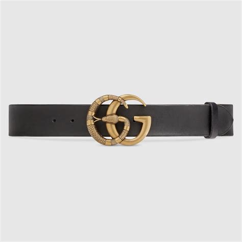 Printed Black Leather Belt With Double G Buckle Snake Gucci Us