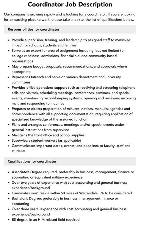 Coordinator Job Description Velvet Jobs