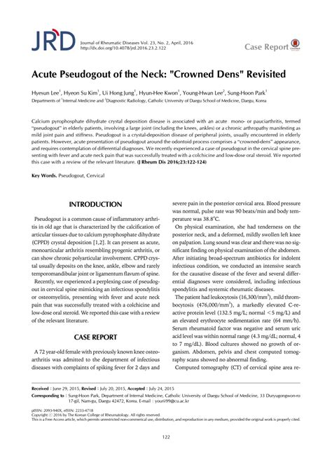 Pdf Acute Pseudogout Of The Neck Crowned Dens Revisited