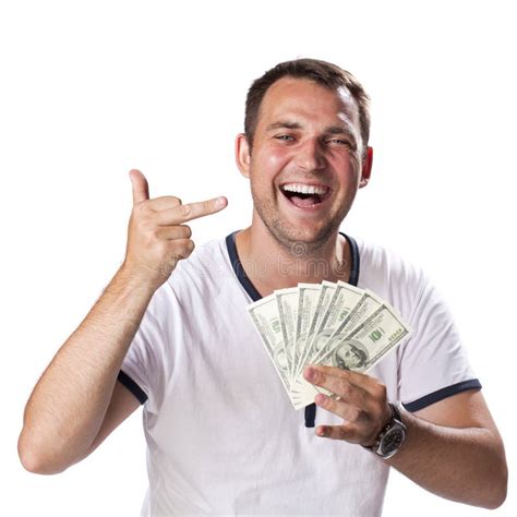Happy Young Man Holding A Pile Of Cash Stock Image Image Of Brunette