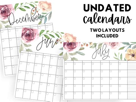Undated Calendar Printable Digital Monthly Calendar Undated Etsy