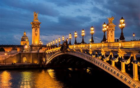 Фотографии Париж Франция Pont Alexandre III Seine Мосты речка Ночные