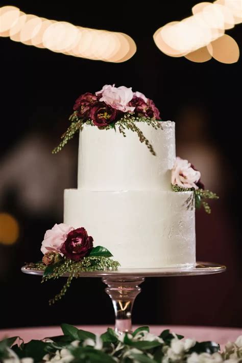 Two Tier Cake With Burgundy And Blush Flowers Simple Wedding Cake