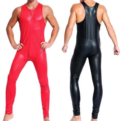 sexy männer kunstleder bodysuit wetlook spielanzug overall catsuit clubwear strampler ebay