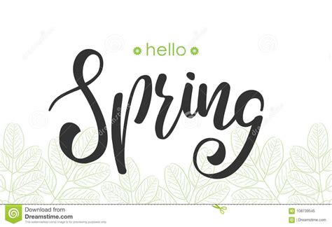 Hand Lettering Of Hello Spring On Leaves Sketch Background Hand Drawn