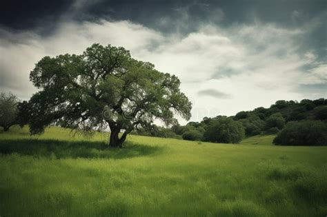 Oak Tree In Meadow Calming Landscape Of A Meadow With An Oak Tree In