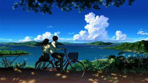 Anime Original Bicycle Bike Boy Cloud Couple Girl Lake