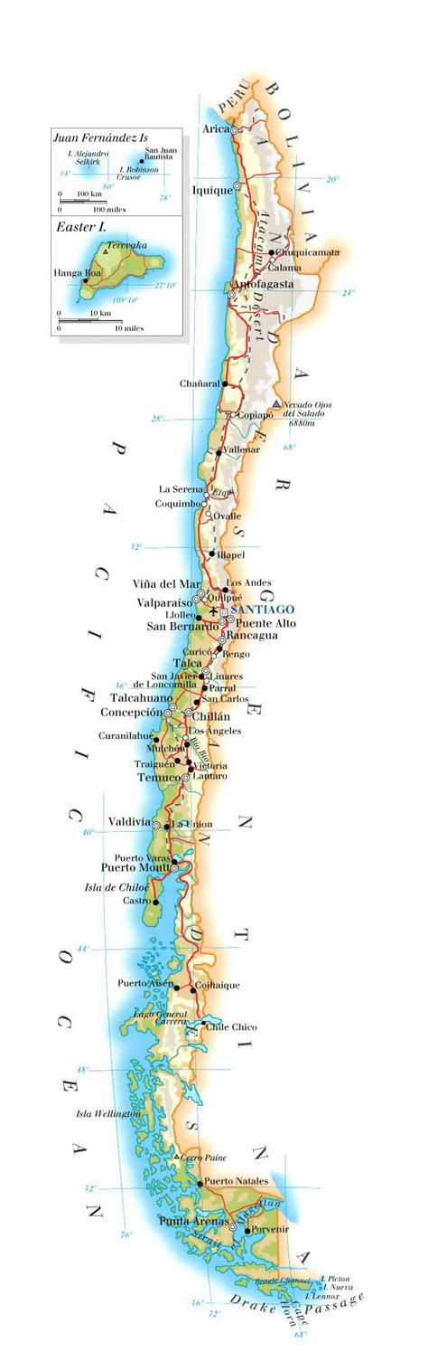 Detallado Mapa De Elevación De Chile Con Carreteras Ciudades Y