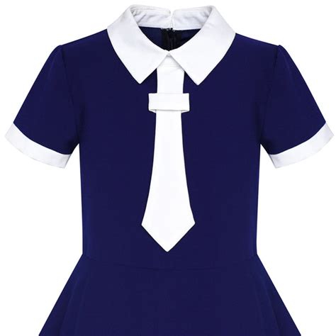 Girls Dress Back School Uniform Navy Blue White Collar Tie Short Sleeve
